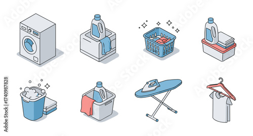 Isometric laundry icons featuring washing machine and detergent for home cleaning concepts