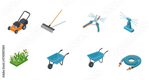 Isometric garden tools set: lawn mower, rake, wheelbarrow, sprinkler, hose, and garden shears