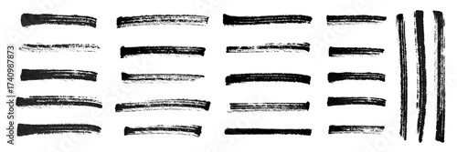 Black highlight marker lines isolated on white background. Various marker pen strokes with different length and thickness hand drawn set. Realistic vector graphic modern design elements.