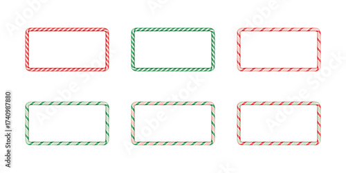 Colorful candy cane borders in red, green, and white stripes. Festive rectangular frames with twisted peppermint design for holiday cards, or Christmas decor. Realistic vector illustrations set.