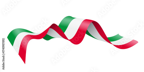 Italy ribbon wave in green, white, and red colors. Wavy tricolor banner symbolizing national flag with smooth curves and folds. Elegant patriotic decoration for events. Realistic vector illustration.