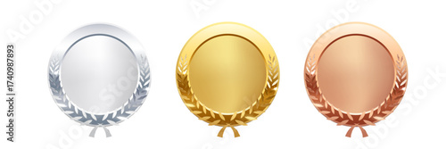 Gold, silver, bronze circle medals. Metal coins. First, second, third place award frames isolated on white background. Winners trophy. Blank shiny badge, label. Realistic vector illustration.