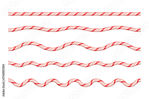 Red and white candy cane ropes in various wave patterns. Festive twisted lines with increasing curvature for Christmas borders, dividers, decorative holiday designs. Realistic vector illustrations
