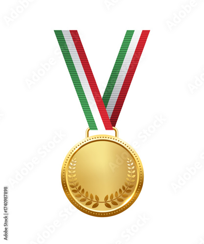 Golden medal. Realistic 3D award medal with ribbons, symbolizing first place in sports, competitions, and athletic events. Vector illustration.