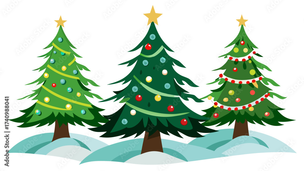 Fototapeta premium Vector art of a cheerful arrangement of decorated christmas trees standing in the snow, perfect for holiday greetings and designs