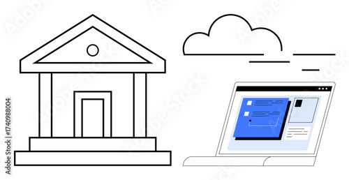 Laptop displaying a digital banking interface next to a traditional bank building under a stylized cloud. Ideal for finance, banking, technology, innovation, cloud computing, fintech, online
