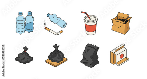 Eco impact: waste and recycling icons set in colorful hand drawn style