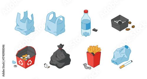 Isometric waste management icons: plastics, recycling, and trash solutions