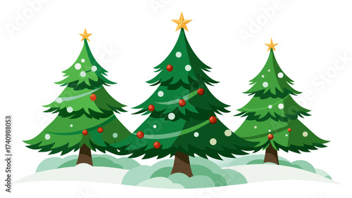 Vector art of three decorated christmas trees with golden stars on top, a festive holiday season celebration in winter time