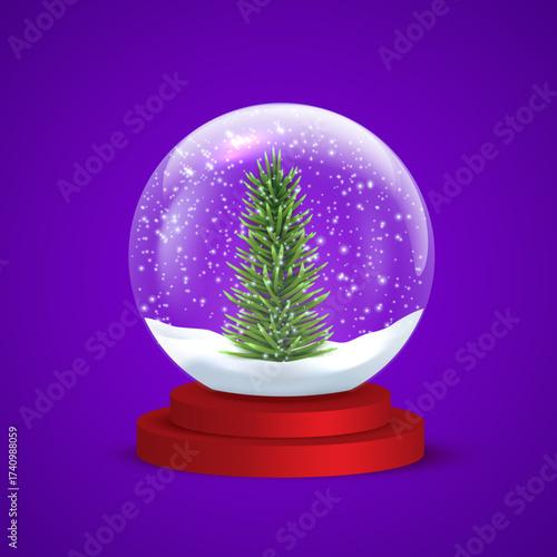 Snow globe. Transparent glass snowball with red base, snow, snowflakes, and Christmas tree on purple. Vector festive decoration for Christmas and New Year design. Realistic vector illustration.