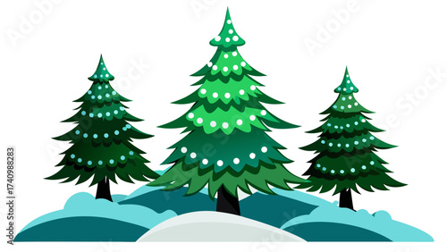 Vector art of three evergreen trees covered in snow and decorated with white lights winter scene with christmas trees in snow
