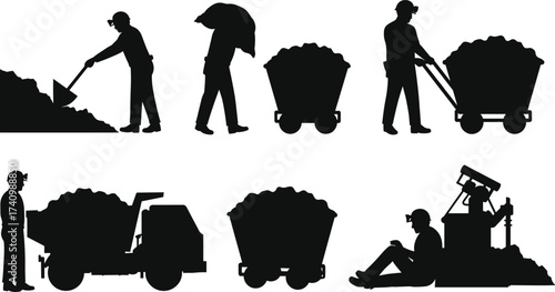 Mining workers silhouettes, industrial labor, mining cart, machinery, underground work, heavy equipment, coal extraction, manual effort, black icons, vector set