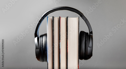 Modern black headphones on stack of books. The concept of audio books listening. Modern technologies. Digital library.