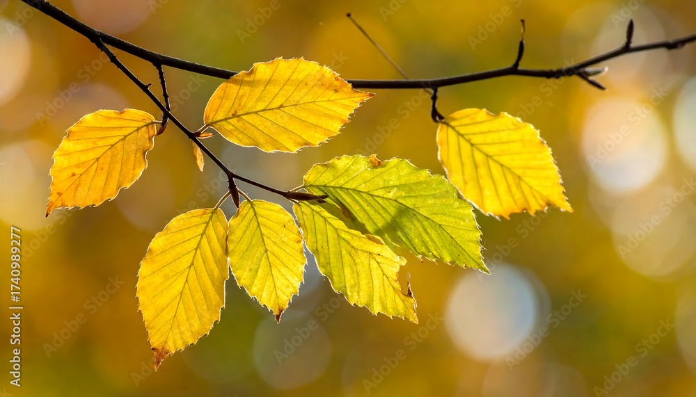 Obraz premium Close-up shot of golden leaves attached to a tree branch, with a blurred background of similar autumnal colors. The leaves are backlit