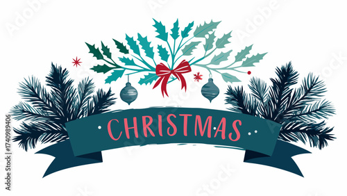 Vector art of vintage christmas illustration with fir branches, leaves, berries, and baubles for festive design and decoration