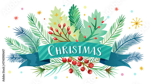 Vector art of charming christmas banner illustration with foliage, berries, and a festive ribbon for seasonal greetings and decorations