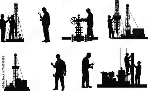 Oil rig workers silhouette, drilling platform operations, industrial teamwork, energy production, machinery inspection, petroleum engineering, offshore labor, black vector illustration