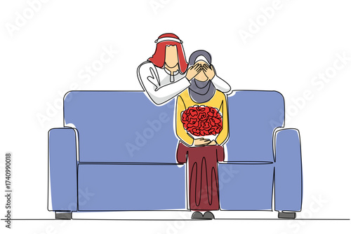 Continuous one line drawing an arab woman sitting on the sofa holding bouquet of flowers. Covering the eyes makes the curious. Perfect happiness. Surprise. Single line draw design vector illustration