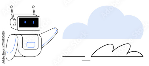 Cute robot with an antenna gesturing toward a light blue cloud over abstract landscape lines. Ideal for technology, artificial intelligence, cloud computing, innovation, automation, data storage
