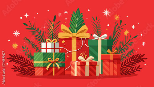 Vector art of a festive arrangement of christmas presents with vibrant red wrapping, adorned with bows and surrounded by lush green foliage on a red backdrop