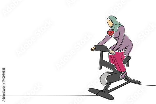 Single one line drawing Arab woman in hijab pedaling a stationary bike. Exercise when work is piling up. Healthy. National Employee Health and Fitness Day. Continuous line design graphic illustration