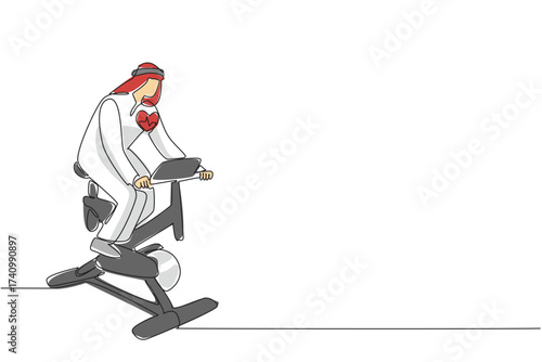 Single continuous line drawing Arab young man in turban and robe pedaling stationary bike. Exercise before work. Sweaty. National Employee Health and Fitness Day. One line design vector illustration
