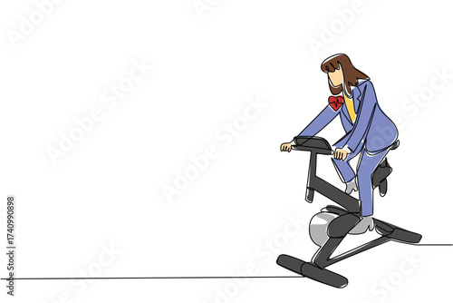Single one line drawing woman in blazer pedaling stationary bike. Trying to stay healthy even though busy. Sport. National Employee Health and Fitness Day. Continuous line design graphic illustration