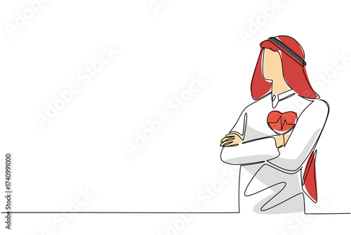 Single continuous line drawing Arab man wearing turban crosses his arms in front of his chest. Work life balance. Healthy. National Employee Health and Fitness Day. One line design vector illustration