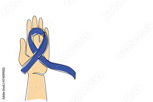 Single one line drawing blue ribbon campaign on palm. Charity drive raises awareness of rare diseases. Take precautions. National Tuberous Sclerosis Day. Continuous line design graphic illustration