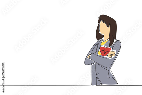 Single one line drawing woman in blazer crosses arms in front of her chest. Healthy employees, smooth business. National Employee Health and Fitness Day. Continuous line design graphic illustration