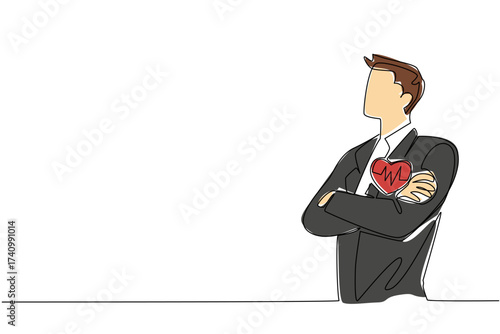 Continuous one line drawing man in suit and tie crossed his arms. Healthy workers benefit many parties. Staff. National Employee Health and Fitness Day. Single line draw design vector illustration