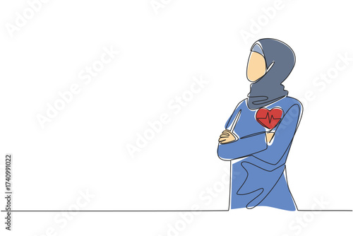 Continuous one line drawing Arab woman wearing hijab crosses arms in front of her chest. Work and health balance. National Employee Health and Fitness Day. Single line draw design vector illustration