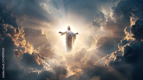 Resurrected Jesus Christ ascends to heaven through clouds in a radiant display of divine light and glory, symbolizing hope and salvation for humanity in a spiritual moment