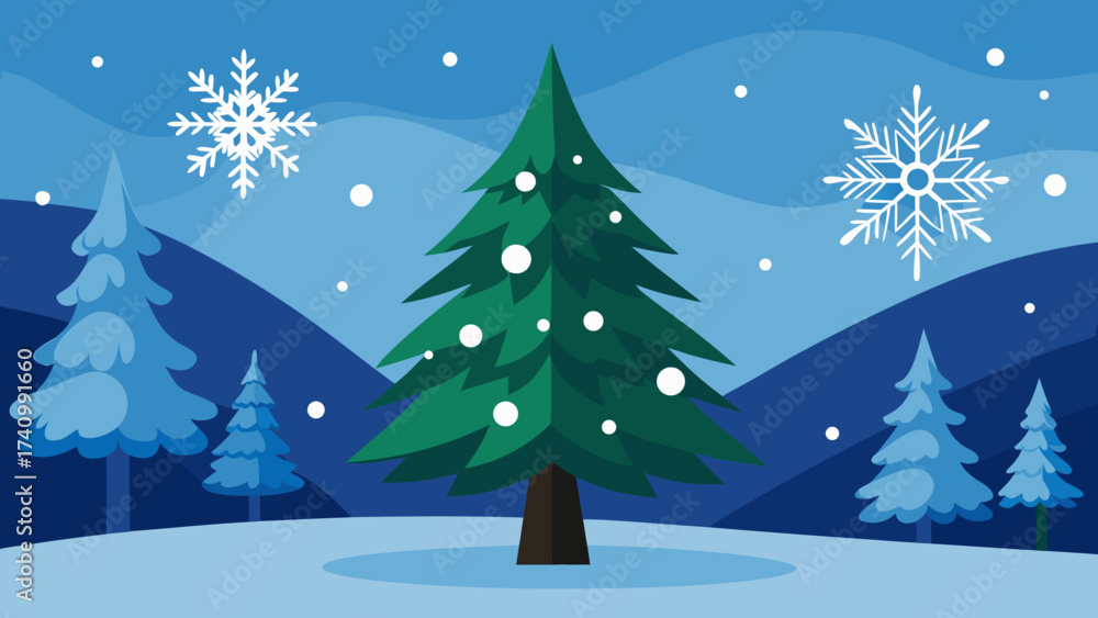 Obraz premium Vector art of a serene winter scene with a christmas tree, snowflakes falling, and a peaceful landscape, creating a joyful holiday atmosphere