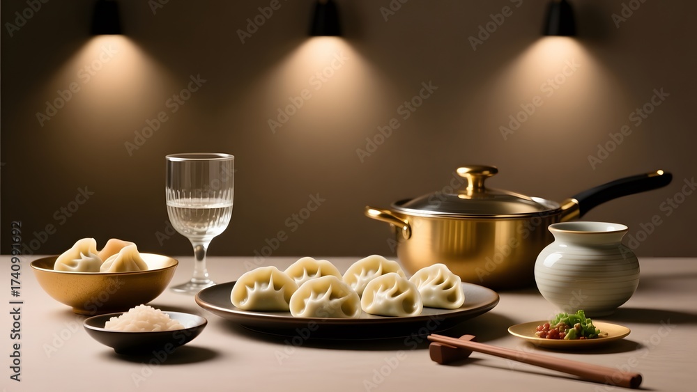 Fototapeta premium Dumplings served on plate with side dishes and beverages