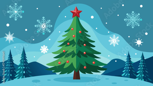 Vector art of a festive christmas scene with a decorated tree, snowflakes falling, and a serene winter landscape, creating a joyful holiday atmosphere