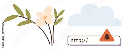 Flower with leaves near an error message containing a bug symbol in a URL bar under a cloud. Ideal for cybersecurity, sustainability, ecology, internet safety, awareness, digital threats, simple flat
