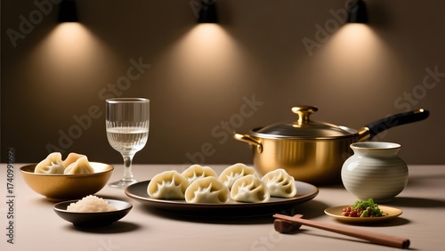 Dumplings served on plate with side dishes and beverages