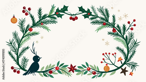 Vector art of christmas wreath with bird, made of fir branches, holly, berries, stars, and ornaments for festive designs