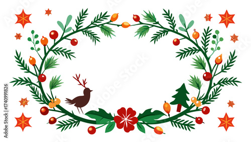 Vector art of christmas wreath with deer, made of fir branches, holly, berries, stars, and ornaments for festive designs
