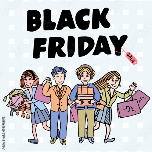 black friday sale shopping flat vector design cute cartoon people crowd illustration for retail discount and holiday promotion