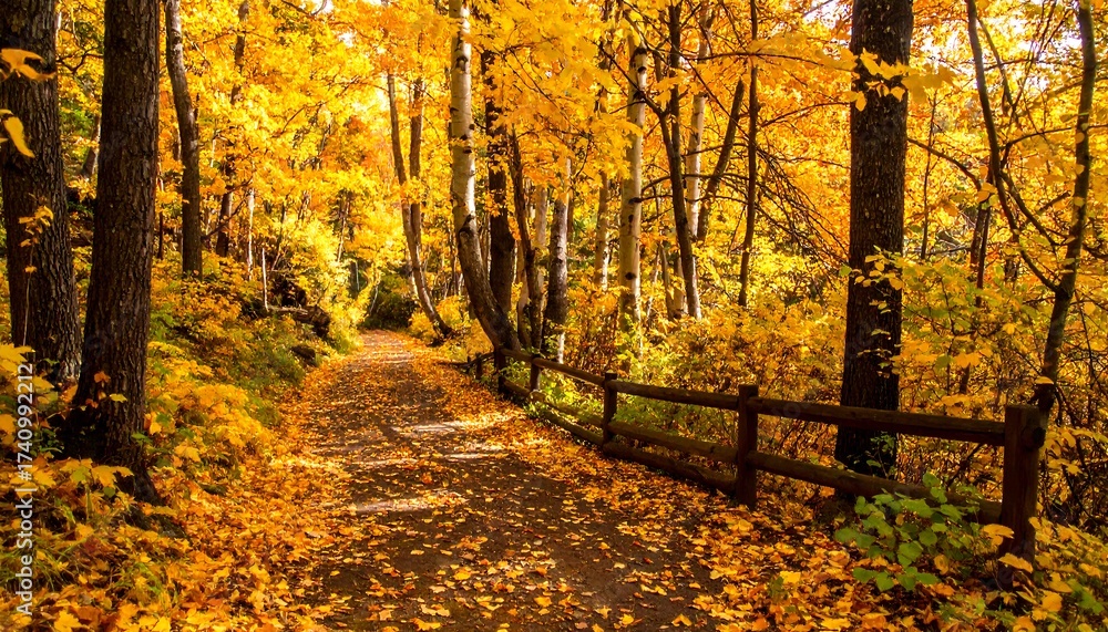Obraz premium A winding path through a sunlit forest, bathed in the warm hues of autumn foliage, with a wooden fence