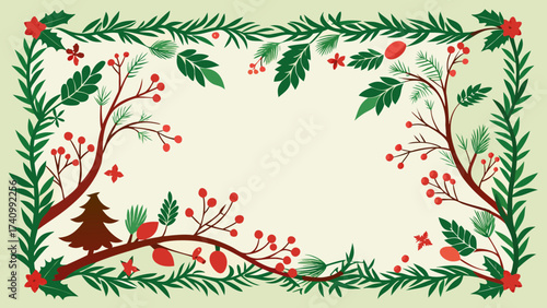 Vector art of festive christmas frame with fir branches, holly leaves, and red berries, creating a cheerful border for holiday greetings and seasonal designs