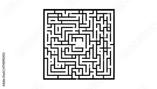 Black and white square maze puzzle on a white background with twisting paths and dead ends