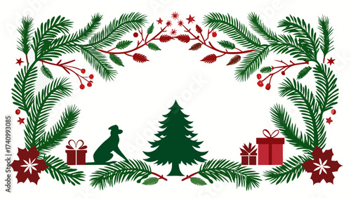 Vector art of festive christmas frame with fir branches, berries, gifts, a dog silhouette, and a christmas tree, , for holiday designs