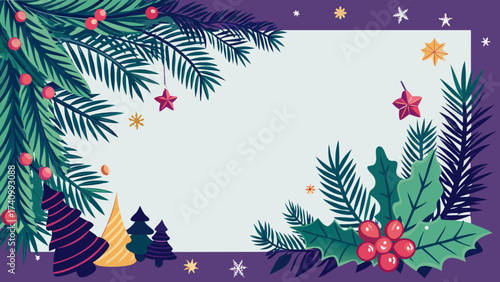 Vector art of festive christmas frame with fir branches, holly, berries, and stars, creating a cheerful and decorative border for holiday greetings and designs