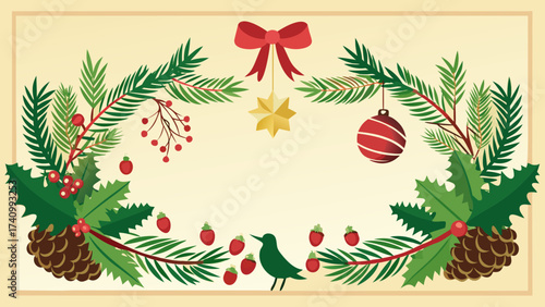 Vector art of a charming christmas frame with pine branches, holly, ornaments, a red bow, pine cones, berries, and a bird on a beige background