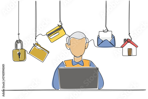 Single one line drawing a grandpa typing on laptop and some icons that require login. Data that is vulnerable to theft. National Senior Fraud Awareness Day. Continuous line design graphic illustration