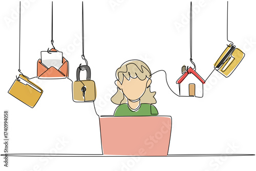 Single continuous line drawing a grandma typing on a laptop and some icons require login. Data vulnerability that easy to hack. National Senior Fraud Awareness Day. One line design vector illustration