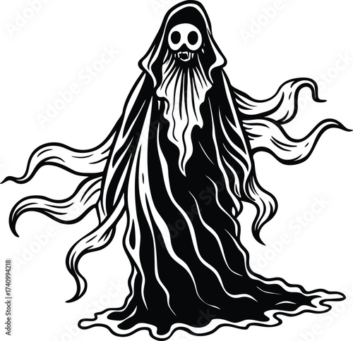 Eerie black and white illustration of a ghostly figure with tentacles and a skull face emerging from a dark hood